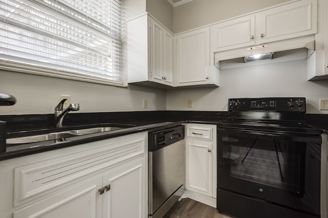 kitchen featuring stainless steel dishwasher, electric range, sink, dark hardwood / wood-style floors, and white cabinets