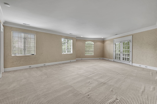 empty room with light carpet and crown molding