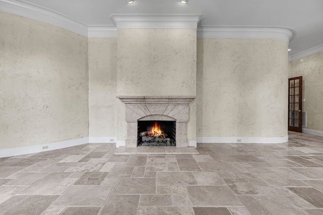 unfurnished living room with crown molding and a fireplace