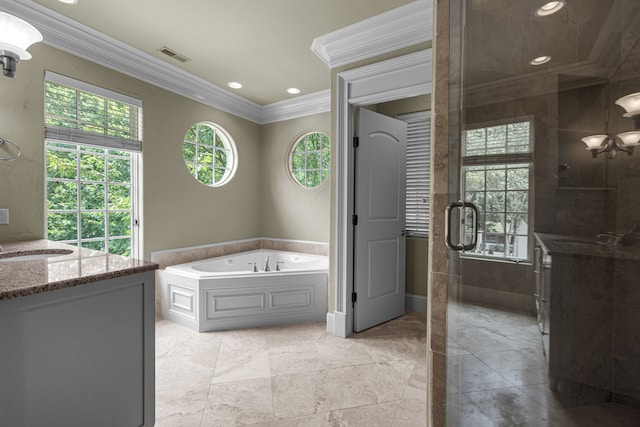 bathroom featuring vanity, crown molding, and separate shower and tub