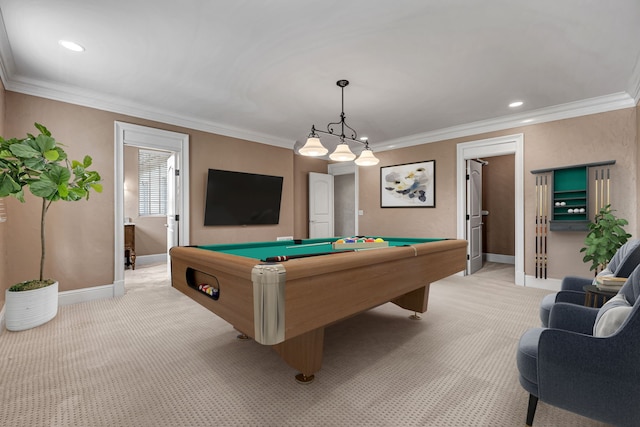 game room featuring light colored carpet, billiards, and crown molding