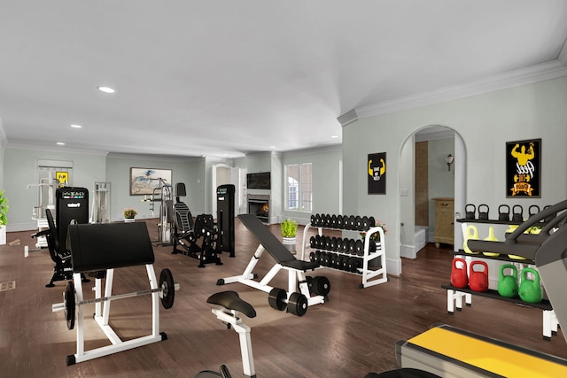 workout area with dark hardwood / wood-style floors and crown molding