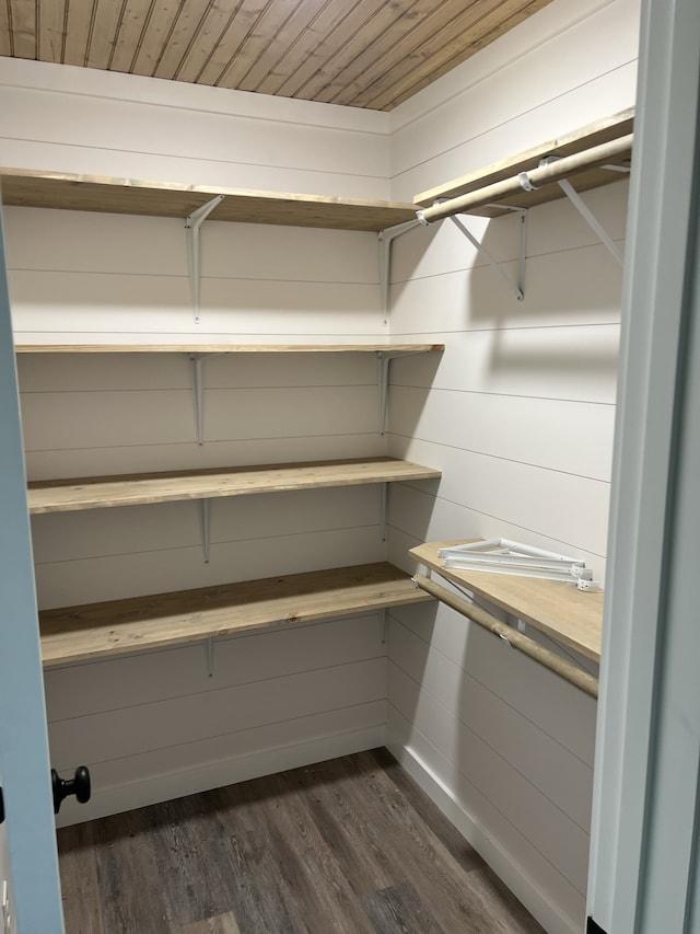 walk in closet with dark wood-type flooring