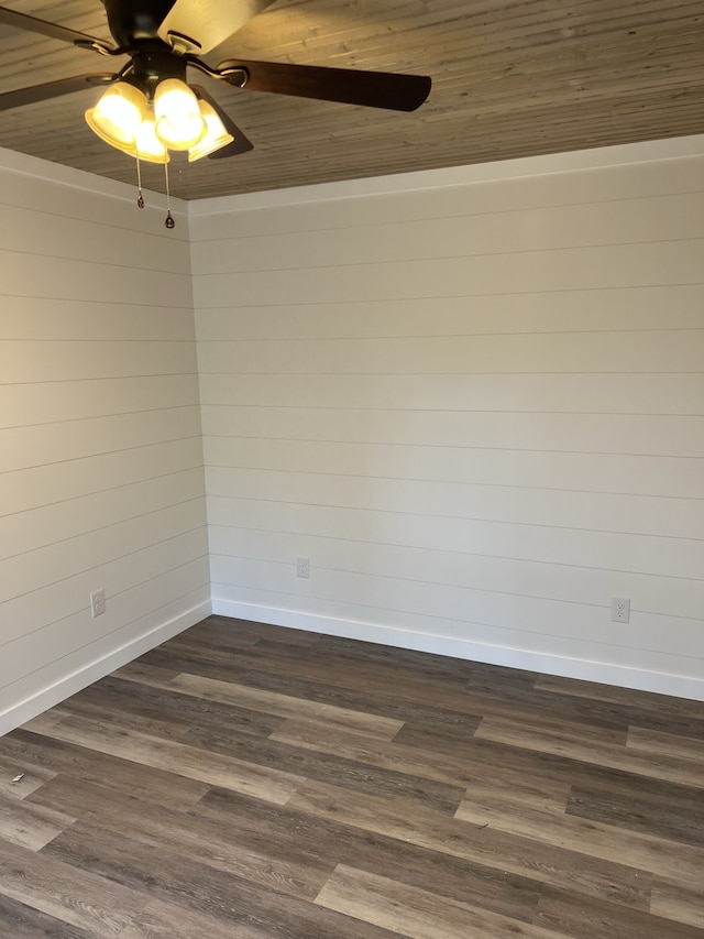 empty room featuring dark hardwood / wood-style floors, ceiling fan, and wood ceiling