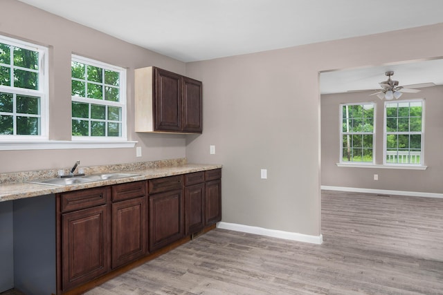 kitchen with dark brown cabinets, light hardwood / wood-style floors, ceiling fan, and sink