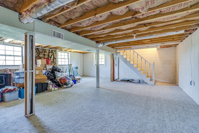 basement featuring light colored carpet and a wealth of natural light