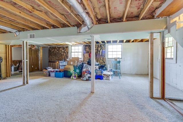 basement with light carpet and a stone fireplace