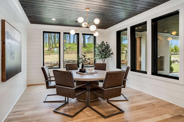 dining room with an inviting chandelier, plenty of natural light, and light hardwood / wood-style floors