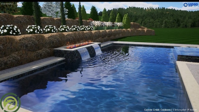 view of pool featuring pool water feature and a yard