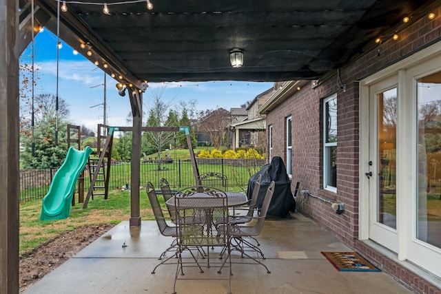 view of patio / terrace featuring a playground