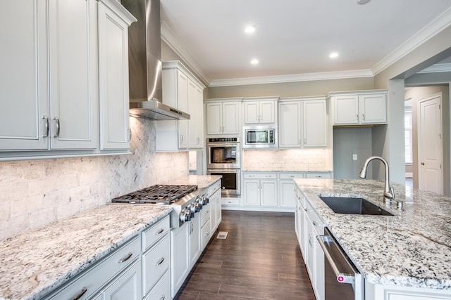 kitchen with dark hardwood / wood-style floors, sink, stainless steel appliances, light stone counters, and wall chimney exhaust hood