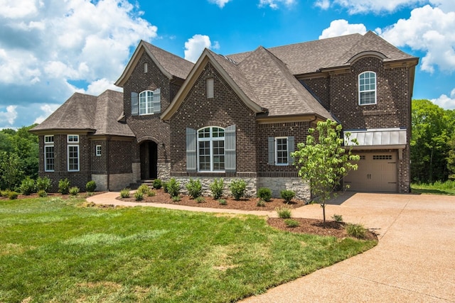 view of front of property featuring a front lawn and a garage