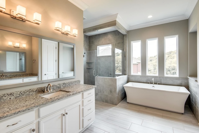 bathroom featuring a bathtub, tile floors, vanity, and crown molding