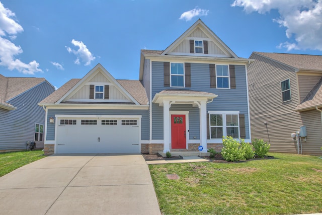 craftsman-style home with a front yard and a garage