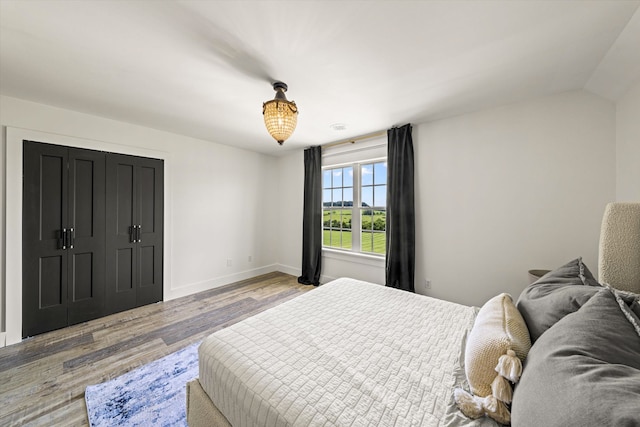 bedroom featuring vaulted ceiling and light wood-type flooring