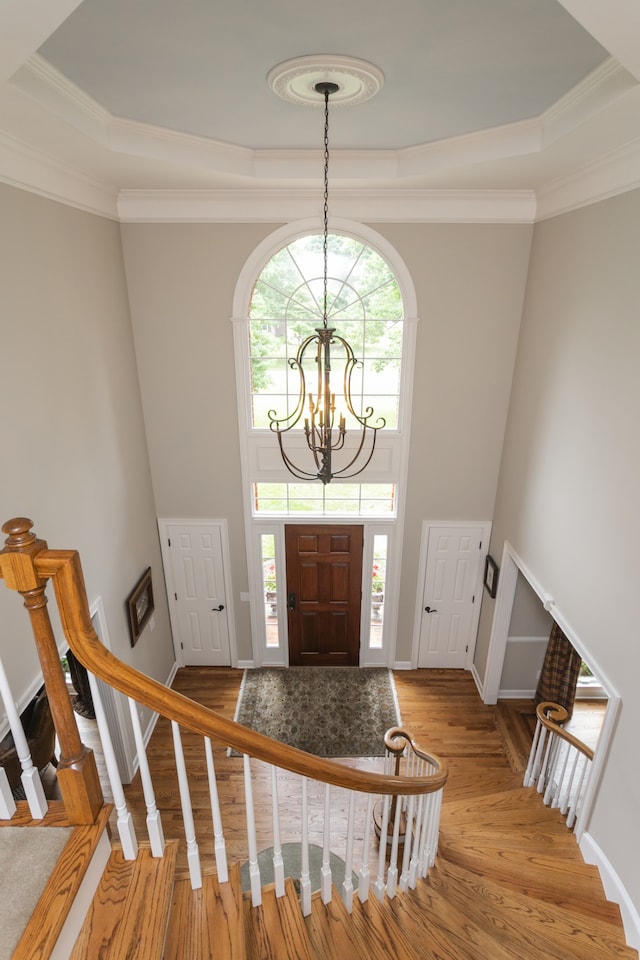 foyer entrance with plenty of natural light, a chandelier, a raised ceiling, and light hardwood / wood-style flooring