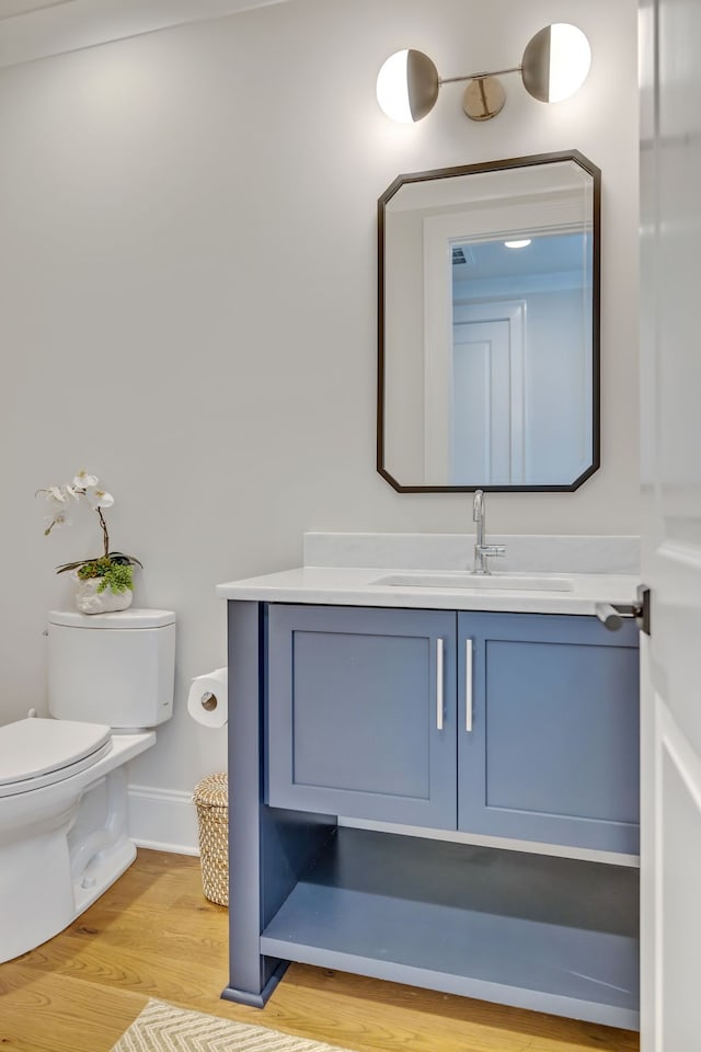 bathroom featuring toilet, vanity, and wood-type flooring