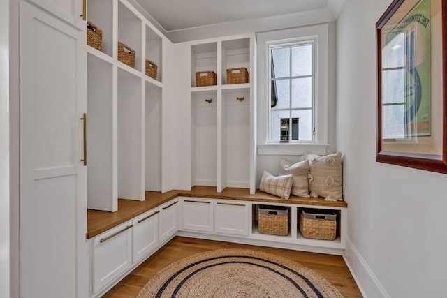 mudroom with light hardwood / wood-style floors