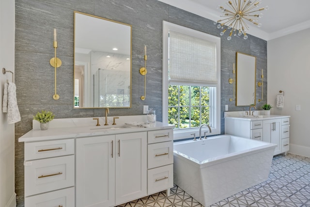 bathroom featuring tile walls, crown molding, tile floors, and a chandelier