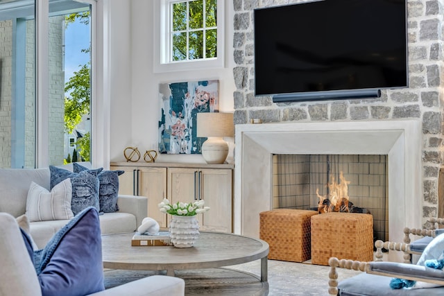 living room with a fireplace