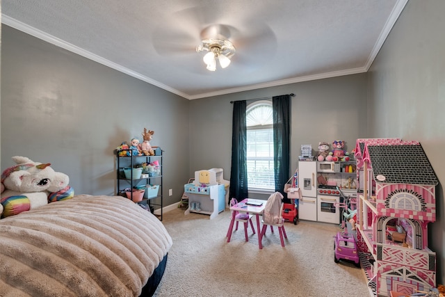 carpeted bedroom with a textured ceiling, ceiling fan, and ornamental molding