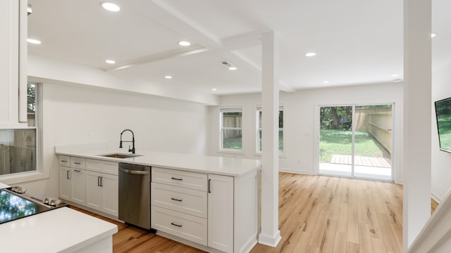 kitchen with sink, stainless steel dishwasher, light hardwood / wood-style floors, beam ceiling, and white cabinetry