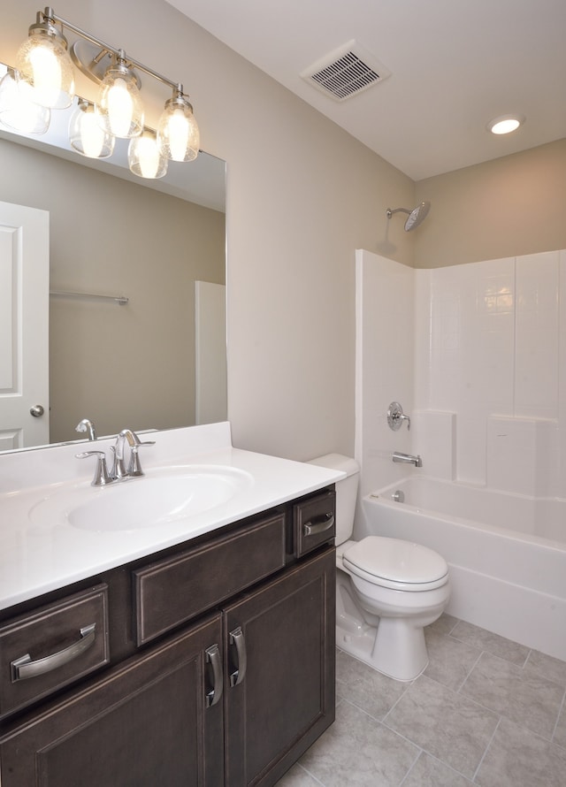 full bathroom with vanity, tile flooring,  shower combination, and toilet