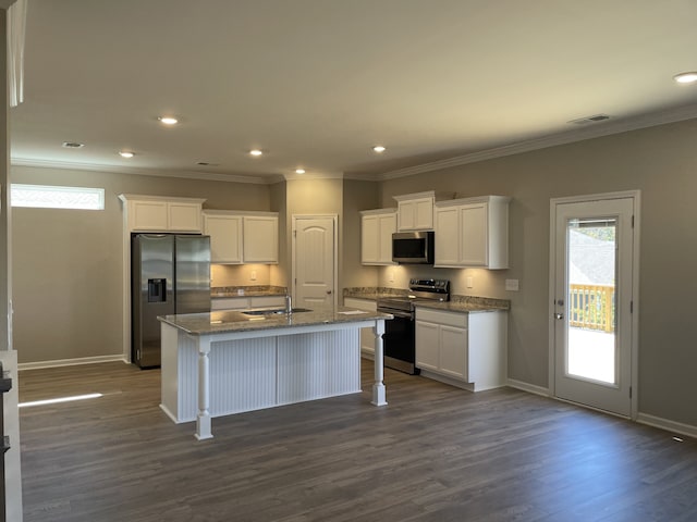 kitchen featuring white cabinetry, appliances with stainless steel finishes, and dark wood-type flooring