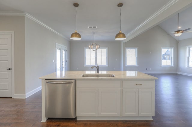 kitchen featuring dark wood-type flooring, stainless steel dishwasher, sink, and ceiling fan with notable chandelier