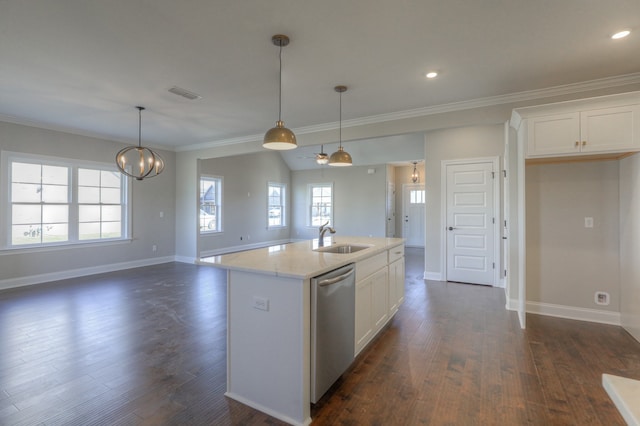 kitchen featuring dark hardwood / wood-style flooring, a wealth of natural light, stainless steel dishwasher, pendant lighting, and a kitchen island with sink