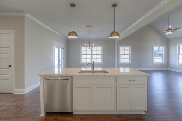 kitchen with decorative light fixtures, stainless steel dishwasher, dark hardwood / wood-style floors, ceiling fan with notable chandelier, and sink