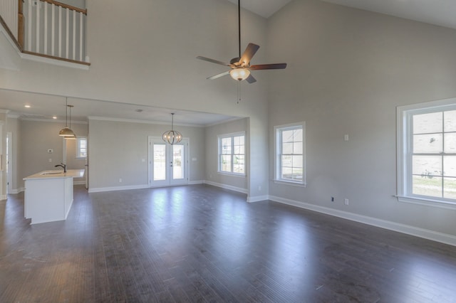 interior space with dark hardwood / wood-style flooring, sink, ceiling fan with notable chandelier, ornamental molding, and a high ceiling