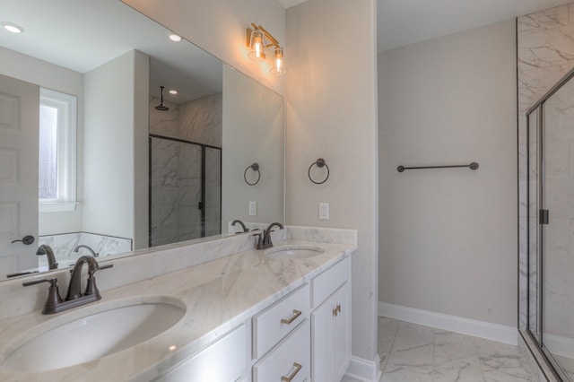 bathroom featuring walk in shower, tile flooring, double sink, and oversized vanity