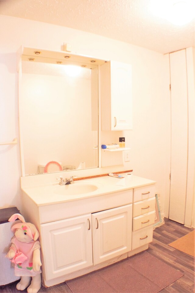 bathroom with vanity and hardwood / wood-style flooring