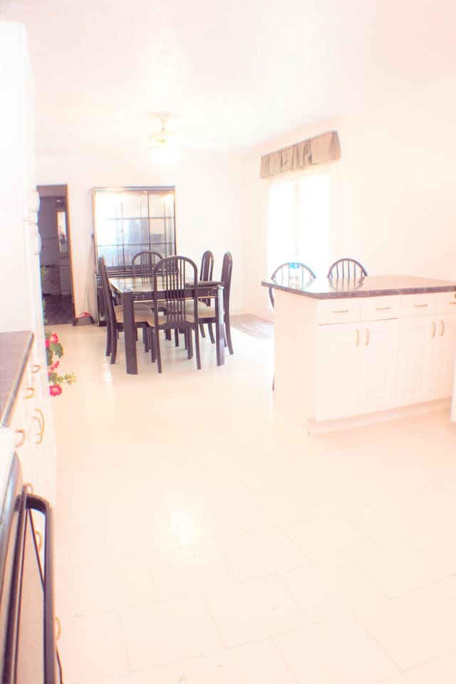 tiled dining room featuring ceiling fan