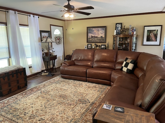 72 Golden Hollow Rd, Kelso, TN 37348 - living room with ceiling fan, crown molding, dark hardwood / wood-style floors, and a wealth of natural light