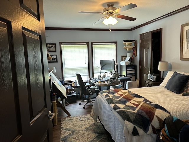 72 Golden Hollow Rd, Kelso, TN 37348 - bedroom with ornamental molding, dark hardwood / wood-style flooring, and ceiling fan