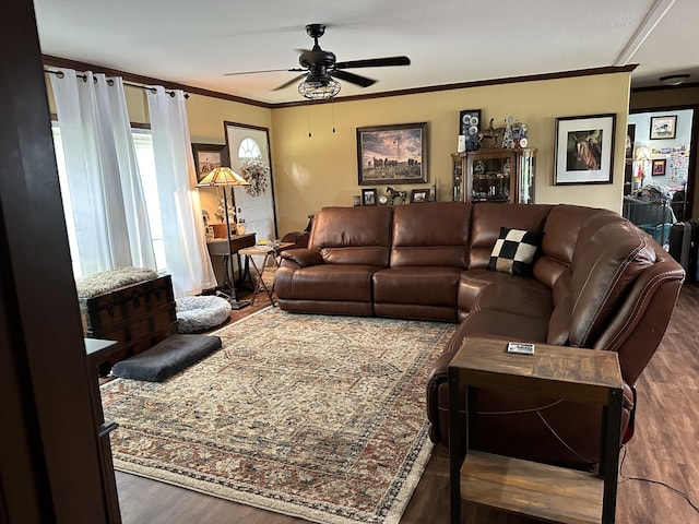 72 Golden Hollow Rd, Kelso, TN 37348 - living room with crown molding, dark hardwood / wood-style flooring, and ceiling fan