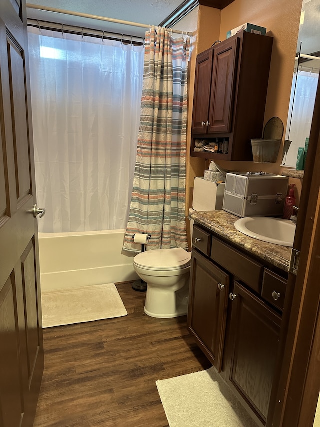 72 Golden Hollow Rd, Kelso, TN 37348 - full bathroom with shower / bath combo with shower curtain, oversized vanity, toilet, and hardwood / wood-style flooring