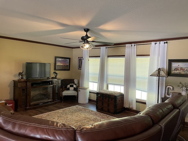 72 Golden Hollow Rd, Kelso, TN 37348 - living room featuring ceiling fan, a fireplace, a textured ceiling, dark hardwood / wood-style flooring, and ornamental molding