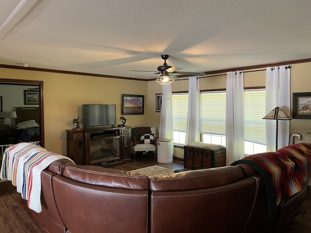 72 Golden Hollow Rd, Kelso, TN 37348 - living room with a textured ceiling, dark hardwood / wood-style flooring, a fireplace, and ceiling fan
