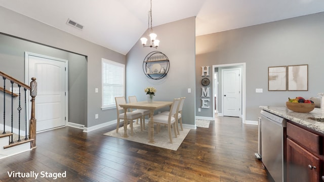 dining area featuring a notable chandelier, dark wood-type flooring, and vaulted ceiling