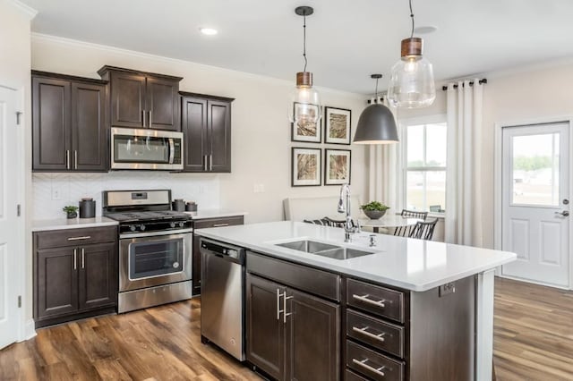 kitchen featuring stainless steel appliances, backsplash, decorative light fixtures, dark hardwood / wood-style flooring, and sink