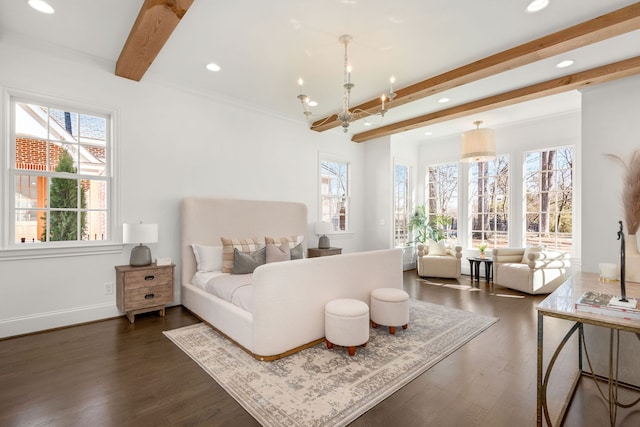 bedroom featuring a notable chandelier, beam ceiling, multiple windows, and dark hardwood / wood-style floors