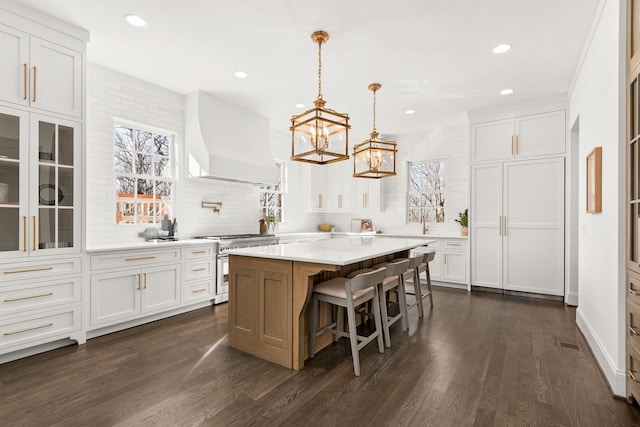 kitchen featuring white cabinets, a center island, and premium range hood