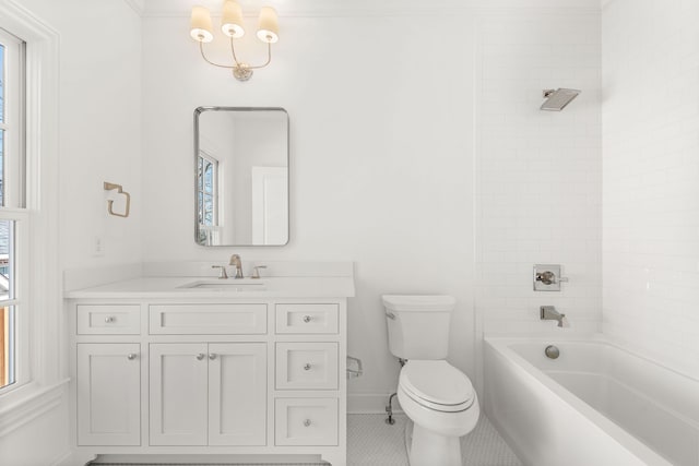 full bathroom with plenty of natural light, toilet, vanity, and tile flooring