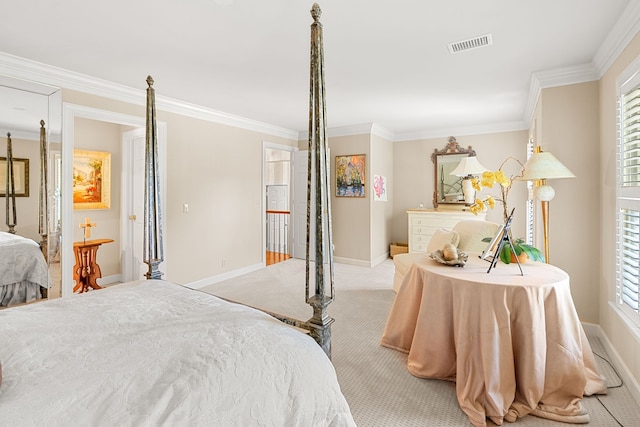 bedroom featuring light carpet, ornamental molding, and multiple windows