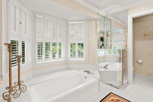 bathroom with ornamental molding, tile flooring, and a relaxing tiled bath