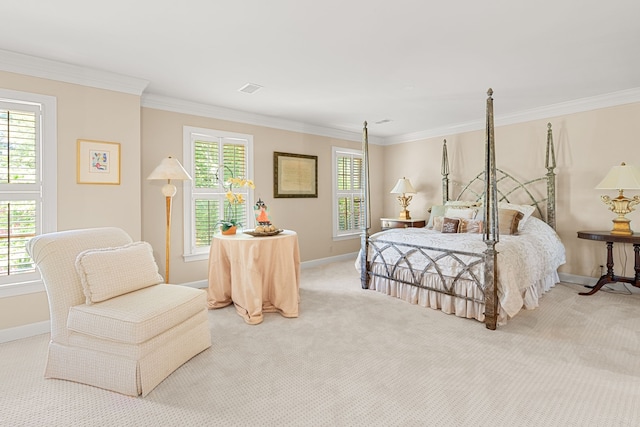 bedroom featuring light carpet and ornamental molding