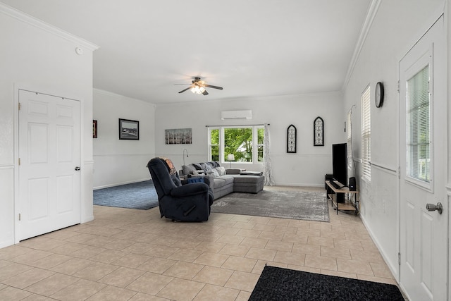 tiled living room with crown molding, a wall mounted AC, and ceiling fan